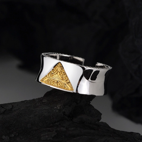S925 Sterlingsilber Vintage Ethnisch Offener Ring Tang Gras Rolle Geprägtes Invertiertes Dreieck Zweifarbig Verstellbarer Fingerring Schmuck