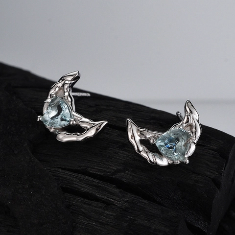 925 Sterling Zilver Onregelmatige Maan Hart Oorknopjes Artistieke Lavatextuur Goud Zilver Verguld Lichtblauw Strass Ingelegde Vrouwen Sieraden