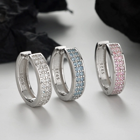 Pendientes de Aro Minimalistas de Plata de Ley 925 Con Doble Hilera de Strass Para Hombre Mujer Huggie Geométrico Joyería Pieza Única