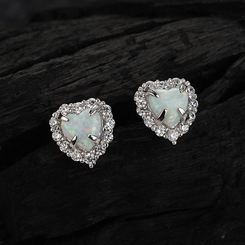 Pendientes de Botón de Plata de Ley 925 Ópalo Corazón para Mujer Chapados en Oro Blanco Pequeño Strass Joyería Elegante