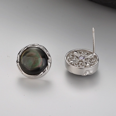 Vintage Nuovo Stile Cinese S925 Argento Sterling Conchiglia Orecchini a Bottone Naturale Madreperla Nera Strass Fiore Orecchini Donna Gioielli
