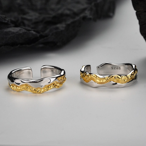 S925 Sterlingsilber Zweifarbige Lava Textur Offene Ringe Für Paare Minimalistische Unregelmäßige Wellen Verstellbare Fingerringe Schmuck