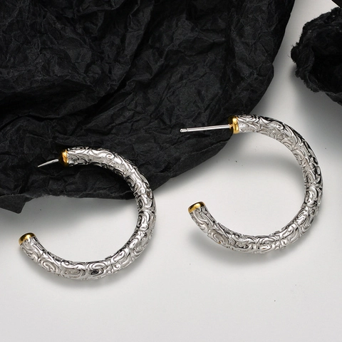 925 Sterlingsilber Creolen Für Damen Retro Ethno Tang-Gras-Muster Geschnitzt C-Form Zweifarbig Gold Silber Modeschmuck