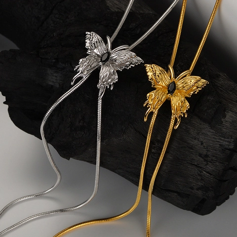 S925 Sterling Silver Butterfly Bolo Tie Necklace For Women Long Adjustable Snake Chain With Black Rhinestone Jewelry