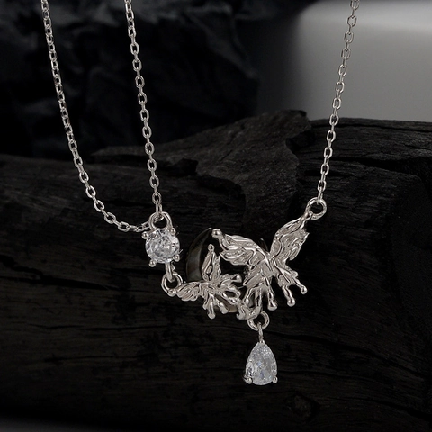 925 Sterlingsilber Schmetterling Mond Anhänger Halskette Strass Eingelegt Gothic Flüssigmetall Textur Kette Schmuck Für Damen