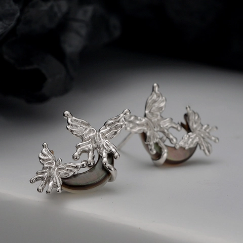 S925 Sterling Zilveren Vlinder Maan Oorknopjes Met Zwarte Parelmoer Vloeibaar Metaal Stijl Y2K Sieraden Voor Dames