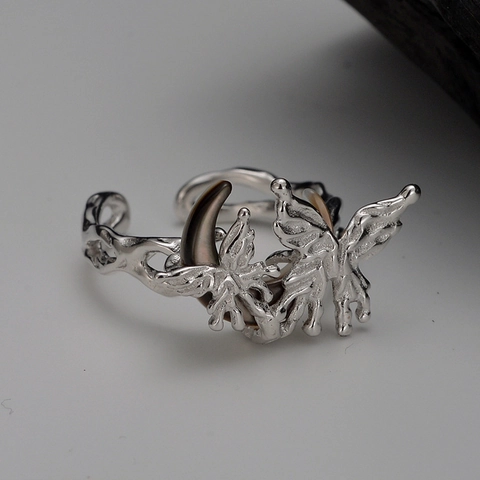 Gothic 925 Sterling Silver Butterfly Moon Open Ring For Women Liquid Metal Style Shell Inlay Adjustable Finger Ring Jewelry