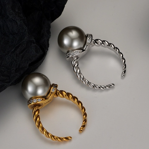925 Sterling Silver Gray Artificial Pearl Ring Women Adjustable Open Twisted Rope Design Rhinestone Fashion Finger Ring