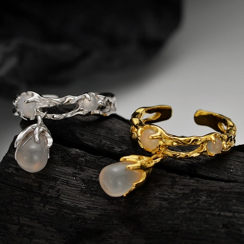 S925 Sterling Silver Water Drop Agate Ring For Women Adjustable Open Finger Ring Korean Minimalist Trendy Jewelry Gift