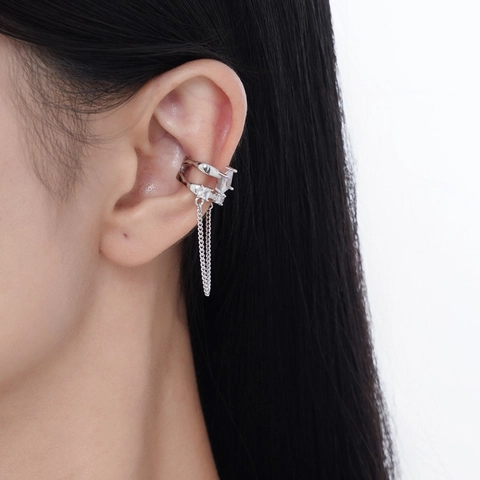 Pendiente de Clip de Plata de Ley 925 Geométrico Hueco de Doble Capa Para Mujer Sin Agujero Borla Larga Diamantes Bijoux