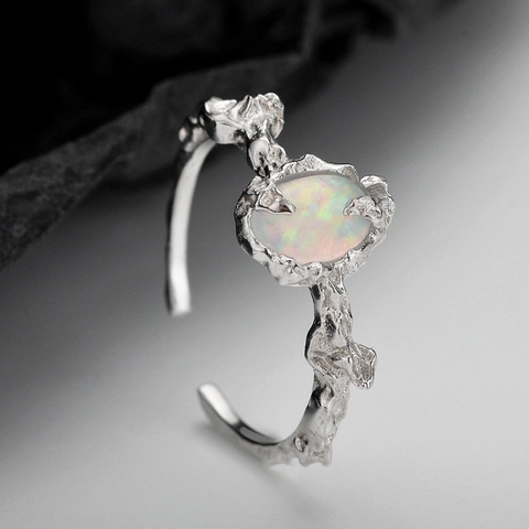 S925 Sterling Zilveren Opaal Ring Voor Dames Onregelmatige Lavatextuur Verstelbare Open Vingerring Vintage Licht Luxe Sieraden