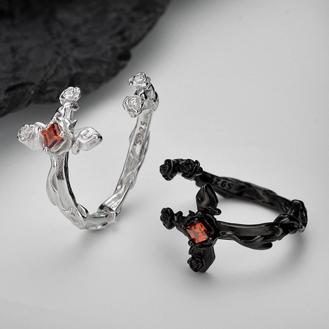 Gothic 925 Sterlingsilber Offener Ring Für Damen Vintage Kreuz Rose Dorn Roter Strass Verstellbarer Fingerring Edgy Schmuck
