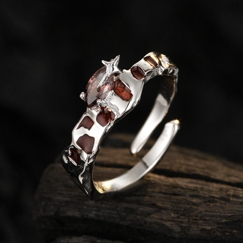 S925 Sterling Silver Checkerboard Open Ring For Women Korean Niche Design Dripping Enamel Liquid Metal Texture Marquise Rhinestone Ring