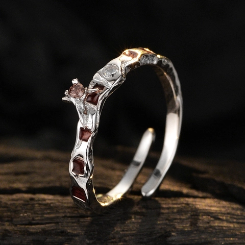 S925 Sterling Silver Red Enamel Checkerboard Open Ring For Women Vintage Lava Texture Rhinestone Adjustable Finger Ring