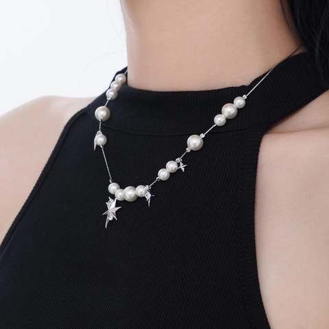 Collar Con Colgante de Estrella de Plata de Ley 925 Perla Artificial para Mujer Chapado en Platino Strass Joyería Choker