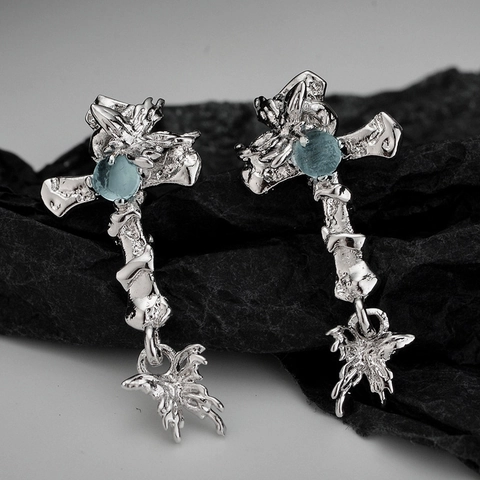 Gothic 925 Sterling Silver Cross Butterfly Stud Earrings For Women Rhinestone Inlaid Sweet Cool Style Fashion Jewelry Gift