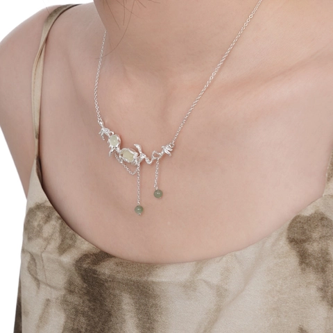 New Chinese Style 925 Sterling Silver Prehnite Necklace Branch Shape Tassel Pendant Choker Sweater Chain Women Jewelry