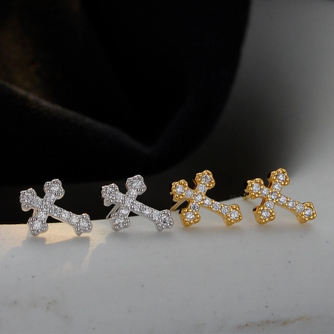 Pendientes de Botón de Cruz de Plata de Ley 925 para Mujer Con Strass Joyería Minimalista Pendientes Bañados en Platino Oro