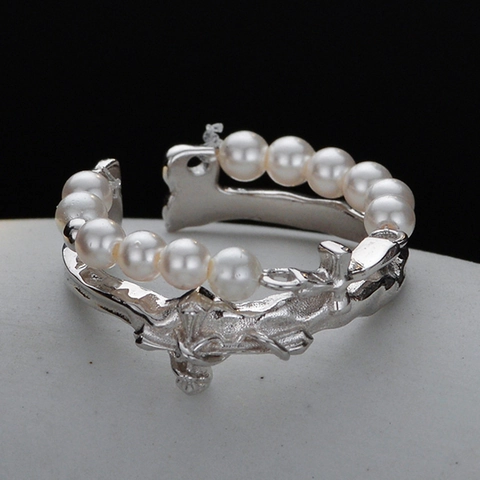 925 Sterling Silver Irregular Cross Open Ring For Women Niche Design Lava Texture Artificial Pearl Adjustable Finger Ring Jewelry
