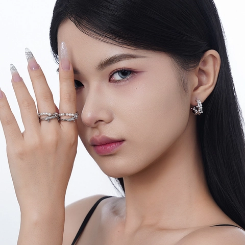 925 Sterling Silver Irregular Cross Open Ring For Women Niche Design Lava Texture Artificial Pearl Adjustable Finger Ring Jewelry