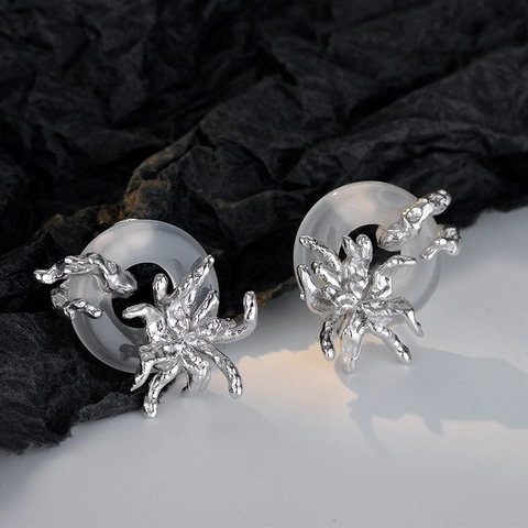Orecchini a Bottone in Argento Sterling S925 Stile Nuovo Cinese con Fibbia Ping'an Texture Ragno Lava Irregolare Gioielli Donna