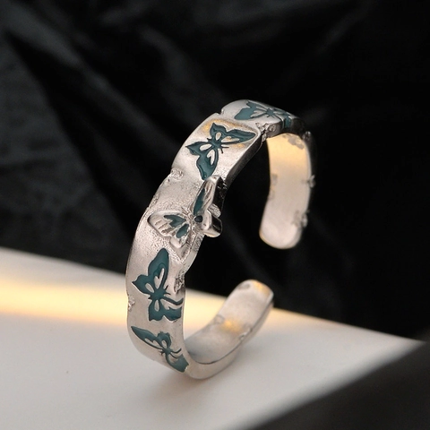 S925 Sterling Silber Schmetterling Offener Ring Für Damen Vintage Blaugrün Emaille Verstellbar Tropfglasur Finger Schmuck