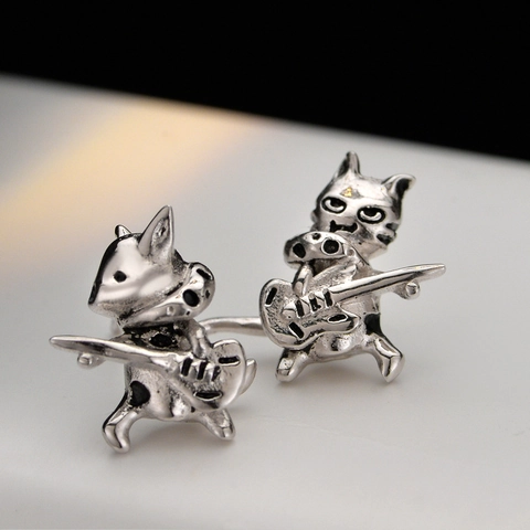 S925 Sterlingsilber Katze Hund Gitarre Ohrstecker Kreative Süße Coole Rockmusik Tier Ohrringe Für Damen Schmuck Geschenk