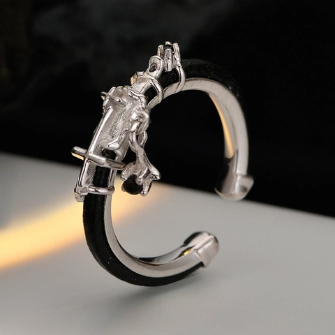 Vintage Ring Aus 925 Sterlingsilber Mit Kreuzgravur Schwarzes Kunstleder Und Sternanhänger Verstellbarer Strassring Für Damen