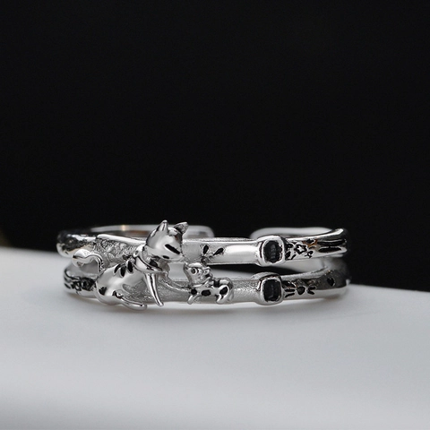 Anillo de Gato de Plata de Ley S925 para Mujer Diseño de Nicho Coreano Doble Capa Hueca Anillo Abierto Ajustable Joyería de Dedo con Relieve de Animal Regalo