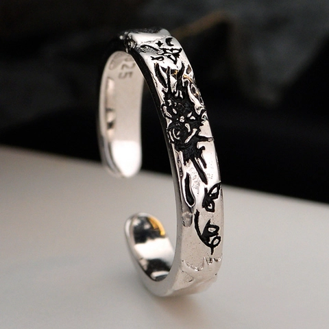 Vintage 925 Sterling Zilver Vlinder Open Ring Voor Vrouwen Punk Stijl Geoxideerd Zwart Verstelbare Wijsvinger Sieraden Ring