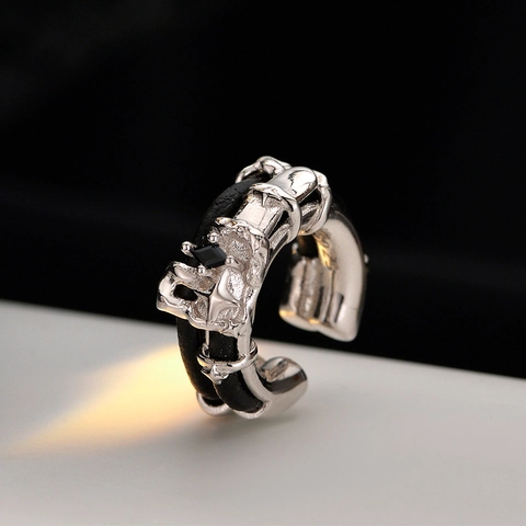 Boucle d'Oreille Ear Cuff en Argent Sterling 925 Femme Homme Design Punk Cordon en Cuir Enveloppé Strass Noir Clip On Bijoux