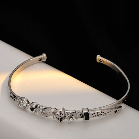 S925 Sterling Silver Cat Dog Relief Open Bangle Vintage Black Stained Adjustable Bangle For Women Fashion Designer Jewelry