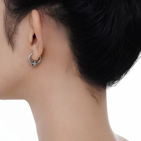 Pendientes de Aro Huggie de Plata de Ley 925 Vintage con Escamas de Serpiente y Estrella Diamantes de Imitación para Mujer