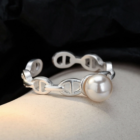 925 Sterlingsilber Offener Ring Für Damen Minimalistische Künstliche Perle Ankerkette Verstellbarer Mode Fingerschmuck Geschenk