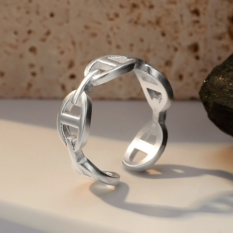 Minimalist 925 Sterling Silver Anchor Chain Open Ring For Women Matte Finish Adjustable Finger Ring Jewelry Gift