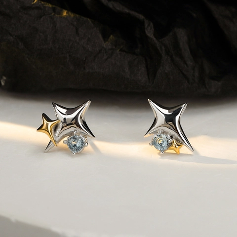 925 Sterling Silver Star Stud Earrings For Women Two-tone Gold Silver Rhinestone Inlaid Geometric Individual Jewelry Earring Gift