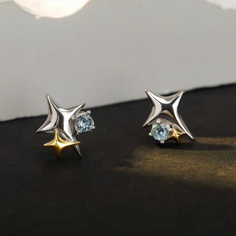 Pendientes de Botón de Estrella de Plata de Ley 925 para Mujer Bicolor Oro Plata Diamantes de Imitación Incrustados Joyería Individual Geométrica Regalo