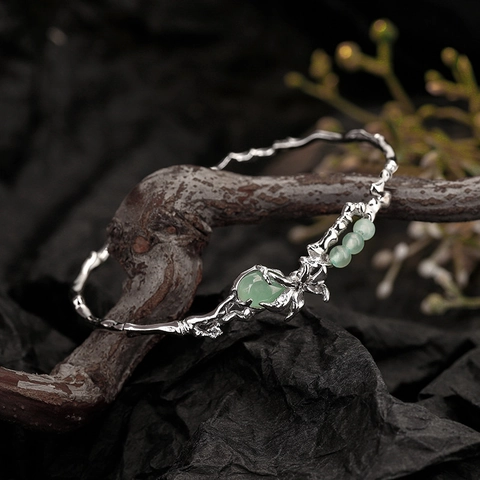 925 Sterling Silver Branch Bangle For Women Green Aventurine Inlaid New Chinese Style Retro Open Cuff Nature Bracelet
