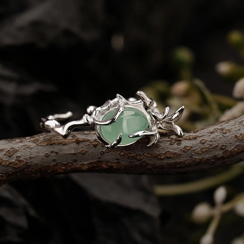 Neo-Chinese 925 Sterling Silver Branch Open Ring For Women Green Aventurine Inlaid Adjustable Twig Flower Statement Finger Ring Jewelry