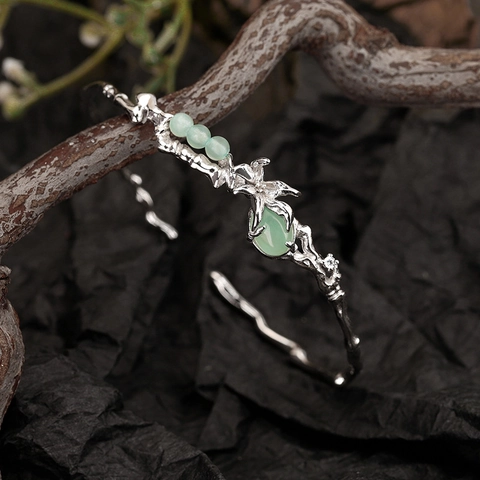 925 Sterling Silver Branch Bangle For Women Green Aventurine Inlaid New Chinese Style Retro Open Cuff Nature Bracelet