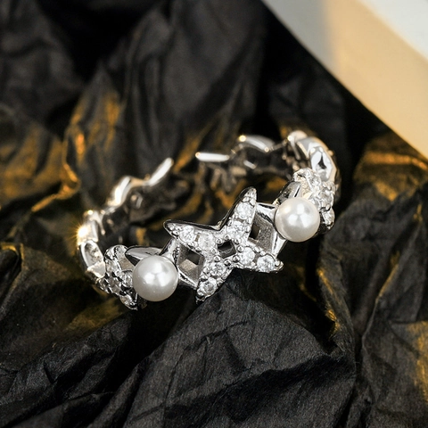 Anello Aperto a Stella Svuotata in Argento Sterling 925 Per Donna Anello Regolabile con Strass Perle Artificiali Gioielli Moda