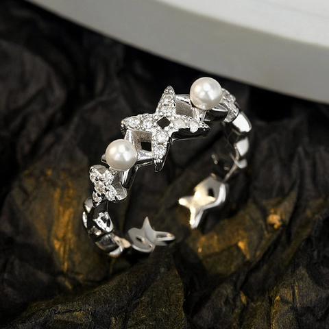 Anello Aperto a Stella Svuotata in Argento Sterling 925 Per Donna Anello Regolabile con Strass Perle Artificiali Gioielli Moda