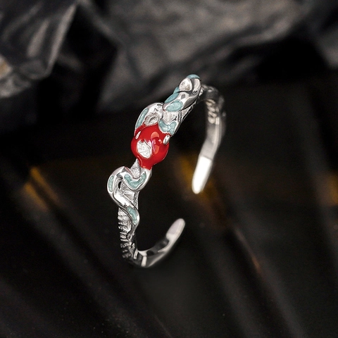 925 Sterling Silver Snake Ring With Red Apple Decor Adjustable Open Ring For Women Vintage Niche Design Finger Ring Jewelry