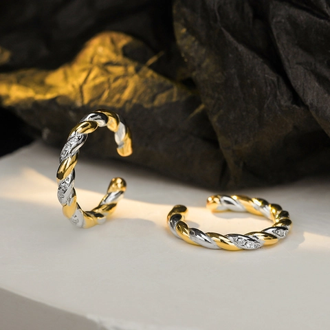 S925 Plata de Ley Ear Cuff Cuerda Trenzada Bicolor Oro Plata Diamantes de Imitación Pendiente Cartílago Sin Agujero Joyería Mujer
