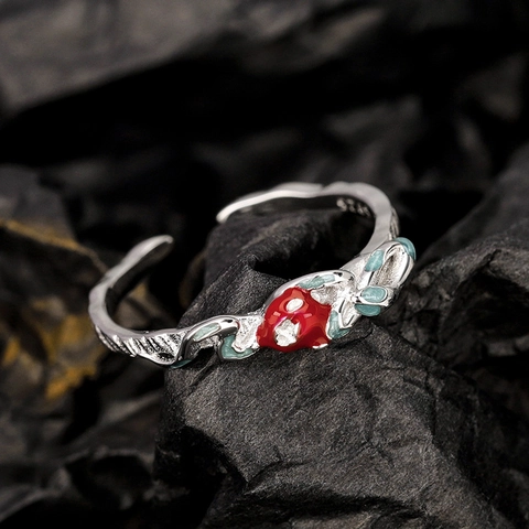 925 Sterling Silver Snake Ring With Red Apple Decor Adjustable Open Ring For Women Vintage Niche Design Finger Ring Jewelry