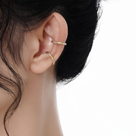 S925 Plata de Ley Ear Cuff Cuerda Trenzada Bicolor Oro Plata Diamantes de Imitación Pendiente Cartílago Sin Agujero Joyería Mujer