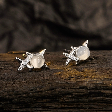 Boucles d'Oreilles Clous Étoile en Argent Sterling S925 pour Femmes Minimaliste Incrusté d'Agate Blanche et Strass Bijoux Élégants Cadeau