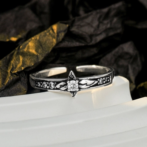 Vintage S925 Sterlingsilber Offener Ring Für Damen Gotik Distressed Eingelegter Strass Stern Verstellbarer Fingerring Schmuck