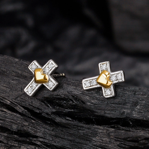 Boucles d'Oreilles Clous Croix en Argent Sterling 925 pour Femmes Petit Cœur d'Or Strass Bicolore Minimaliste Bijoux d'Oreilles Brillants