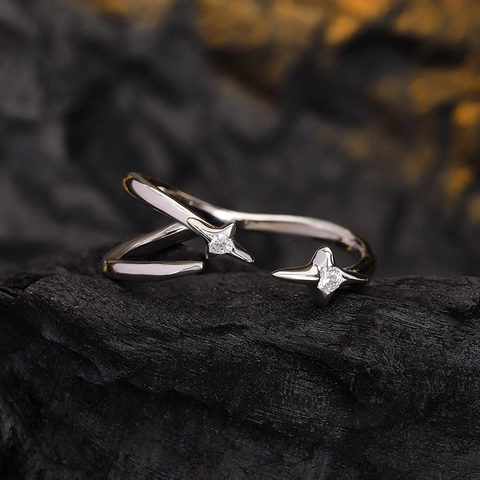 Anillo Abierto de Estrella de Plata de Ley 925 Para Mujer Minimalista Geométrico Doble Capa Ajustable Con Diamantes de Imitación